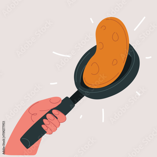 Vector illustration of pancake jumping in the frying pan, holding by hand