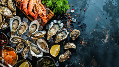 seafood background, assorted fresh seafood with oysters, shrimps and herbs on a dark stone background for cooking gourmet dishes.