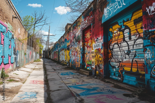 An urban warehouse alley with colorful graffiti on the walls showcasing street culture and urban art themes, with a clear daytime sky.