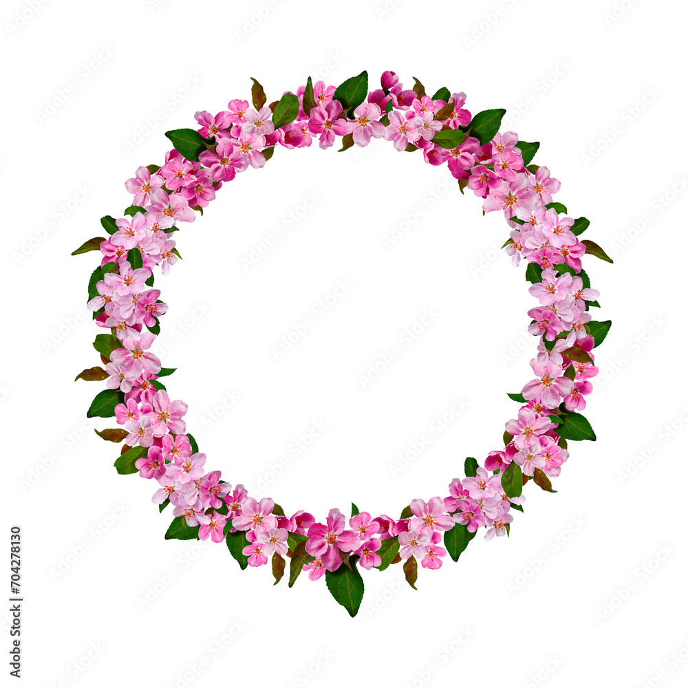 Spring wreath of apple flowers isolated on white background, round frame. Floral design for round drink coaster, table mat, dining mat, cup mat, greeting card, invitation.