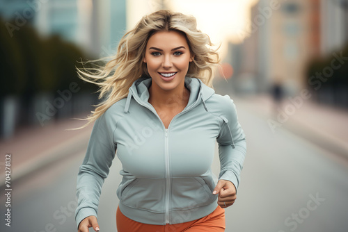 Plus-Size Woman in Sportswear Running in the City