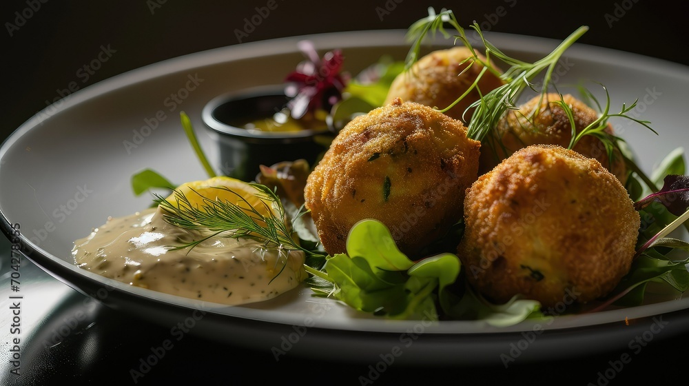 A plate of Boulettes de poisson, Crispy fish cakes made with a blend of fresh fish, herbs, and spices, served with a side of lemon-dill aioli and mixed greens.