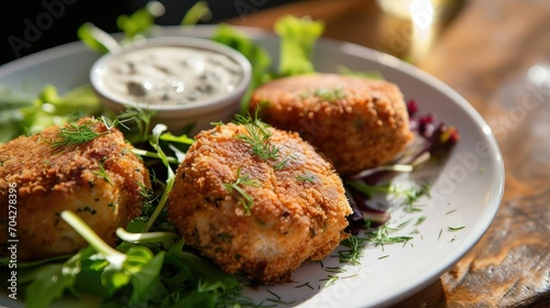 Crispy fish cakes made with a blend of fresh fish, herbs, and spices, served with a side of lemon-dill aioli and mixed greens. photo
