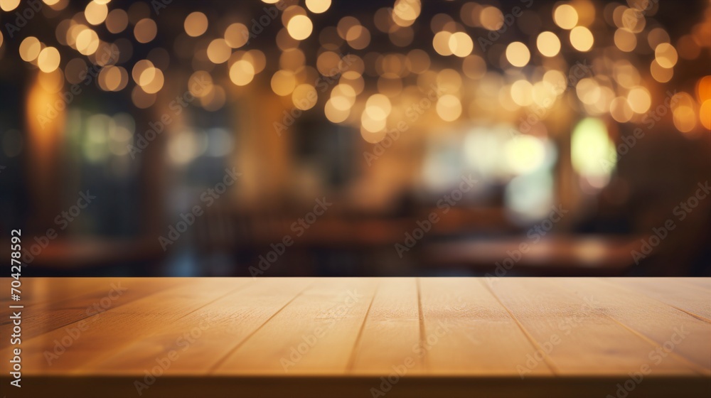 Cozy Festive Atmosphere: Wooden Table Top with Lights Bokeh, Perfect for Christmas and New Year Celebration Cozy Festive Atmosphere: Wooden Table Top with Lights Bokeh, Perfect for Christmas and New Year Celebration