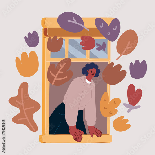 Vector illustration of young woman peeking looking out
