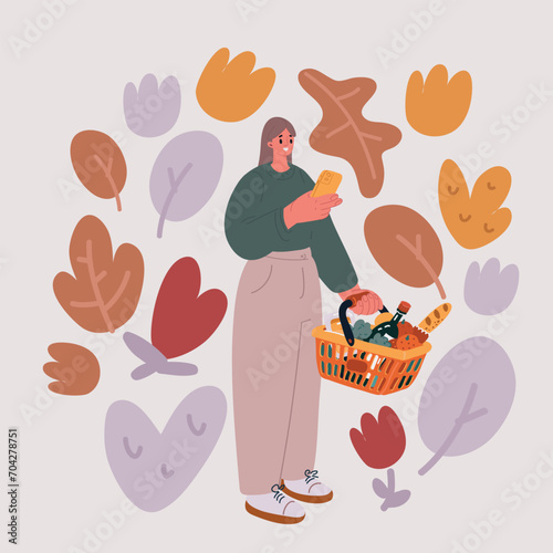 Vector illustration of woman holding shopping basket