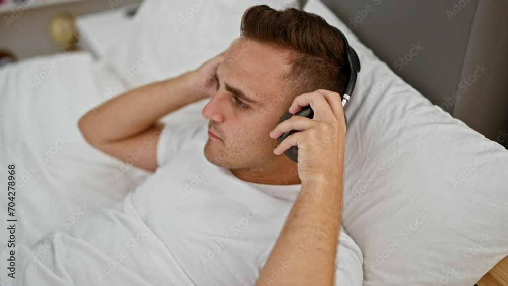 Young hispanic man wearing headphones while relaxing in his bedroom, exuding a casual, comfortable lifestyle. Young hispanic man wearing headphones while relaxing in his bedroom, exuding a casual, comfortable lifestyle.