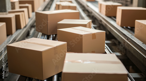 Cardboard boxes in warehouse being sorted on conveyor for delivery shipping photo