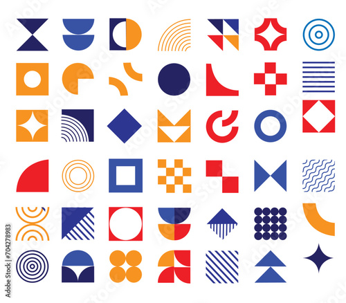 Bauhaus elements. Set of 42 modern geometric abstract shapes in minimal style. Brutalism basic forms, lines, eye, circles and patterns, art vector 