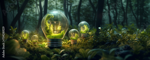 Electric light bulb with greenery  flora inside  a lush micro landscape stands in soil against background of blurred foliage. Eco innovation  sustainable energy. Preserving  protecting the environment