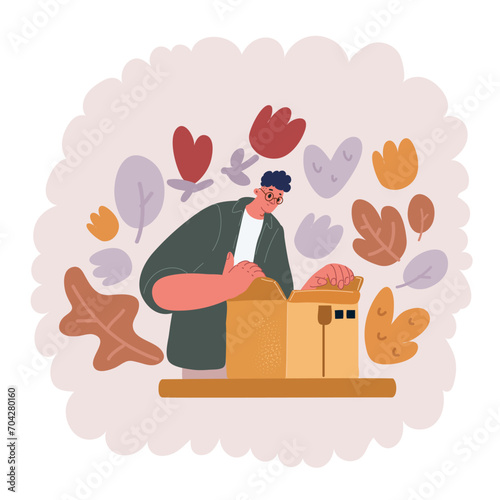 Vector illustration of man unpacking delivery box,Satisfied customer cheerful man opening package, ordering clothes or gadgets on Internet