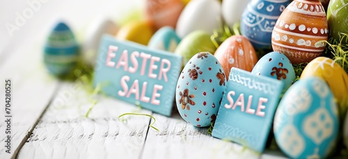 Easter themed sale concept with painted eggs and decorative signs. Holiday promotion.