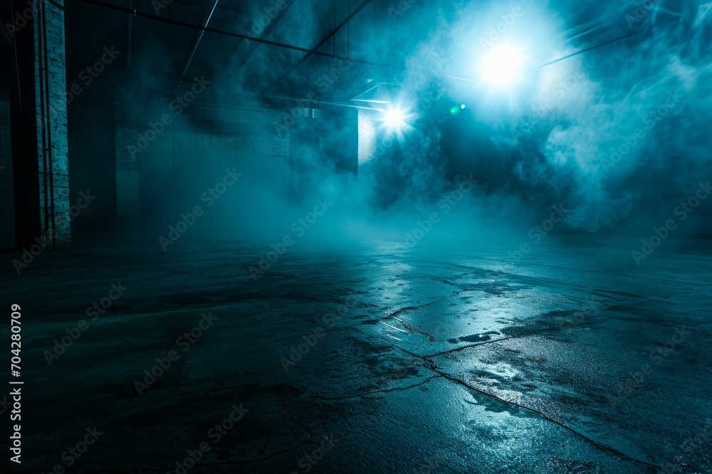 The dark stage shows, dark blue background, an empty dark scene, neon light, spotlights The asphalt floor and studio room with smoke float up the interior texture for display products