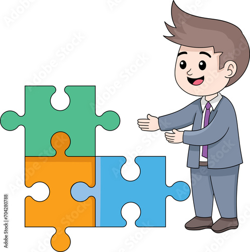 businessman is showing his work solving problems, presenting putting together a puzzle