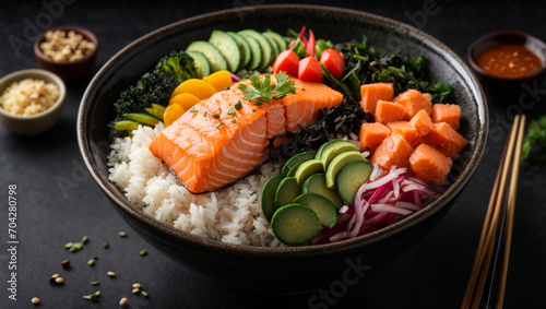 Poke Bowl with salmon avocado and greens Hawaiian cuisine ai image 