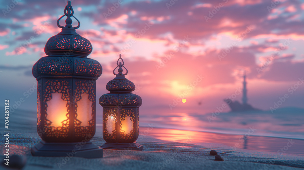 Eid Mubarek - Ramdan Kareem ... Islamic lantern in the middle of desert . generative AI Eid Mubarek - Ramdan Kareem ... Islamic lantern in the middle of desert . generative AI