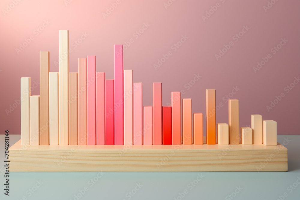 Business, science, finance, marketing, graphic resources concept. Wooden pastel colored cylinder blocks shape bar charts illustration. Minimalist background with copy space