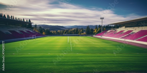Empty soccer stadium with green field and pink seats