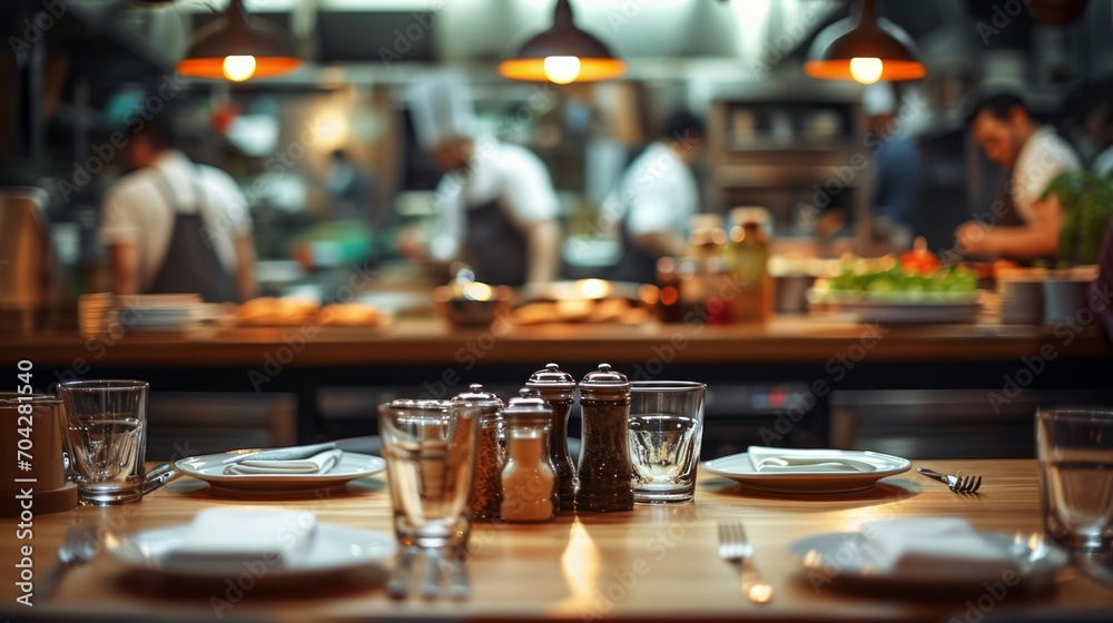 A restaurant table with glasses and condiments in the foreground chefs cooking in the background.