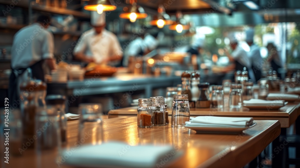A restaurant table with glasses and condiments in the foreground chefs cooking in the background.