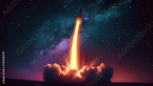 A vibrant rocket launch against a starry night sky.