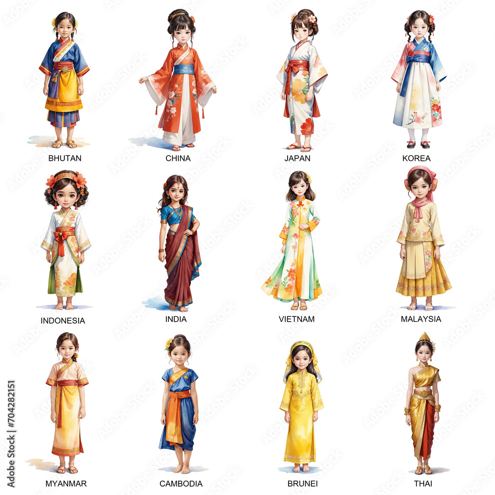Collection of various nationlities girl wearing national costume, watercolor painting cartoon style on white background, generative AI