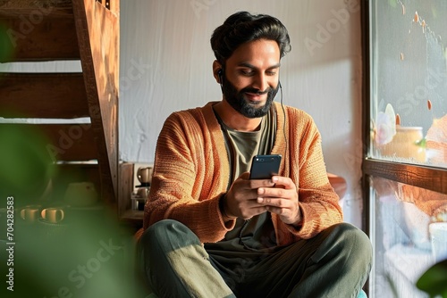 Happy indian ehnic man relaxing at home drinking coffee wearing earbud using cell phone having virtual mobile chat video call on smartphone, watching social media videos or game, Generative AI  photo