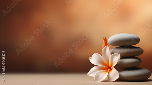 spa brown background with massage stones, exotic flower and copy space