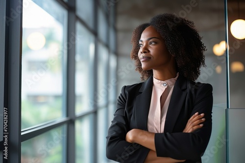 Confident smiling young professional business woman ceo corporate leader, female African American lawyer or manager executive wearing suit standing arms crossed in office, looking away, Generative AI  photo