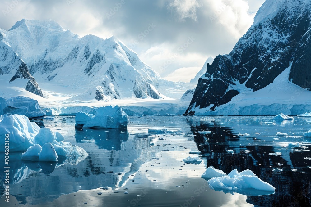 A stunning arctic landscape of icebergs, mountains, and glacial lakes ...