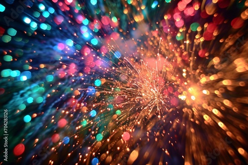: Exploding fireworks frozen in a mesmerizing display of colors, each spark captured in sharp detail against the night sky.