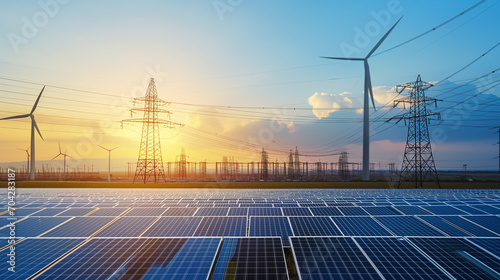 Silhouette of powerplant, solar cell plant and wind generators. Energy concept