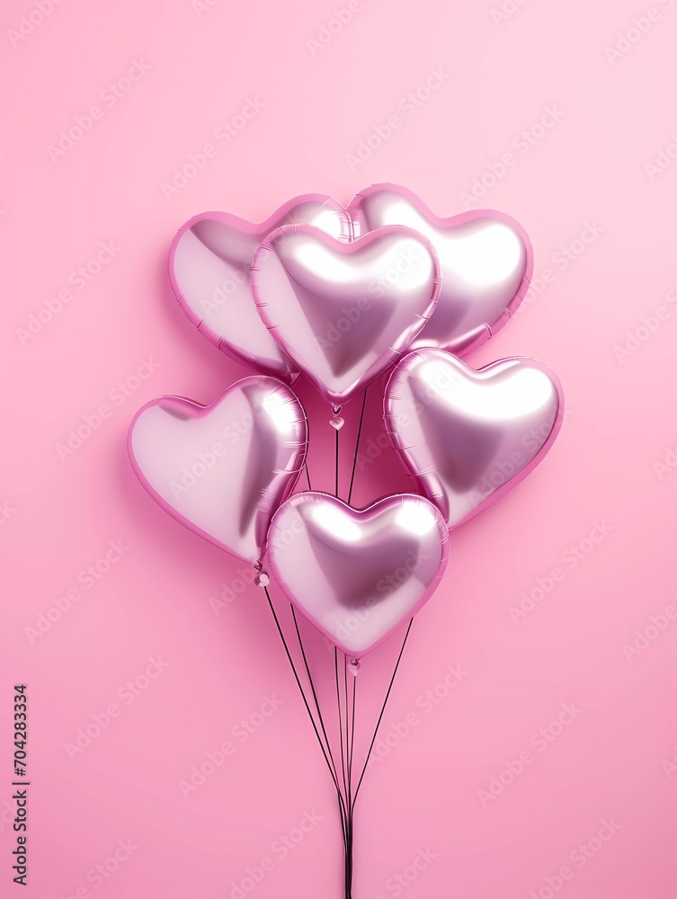 Valentines day party decorations background, Pink hearts helium balloons on pink background