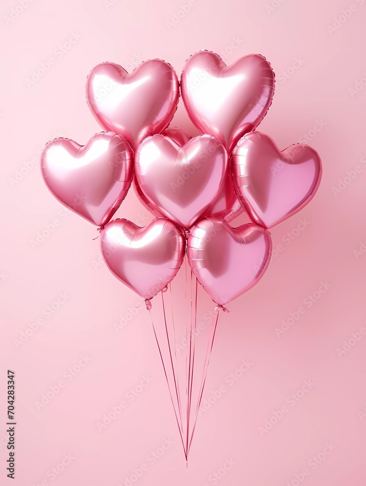 Valentines day party decorations background, Pink hearts helium balloons on pink background