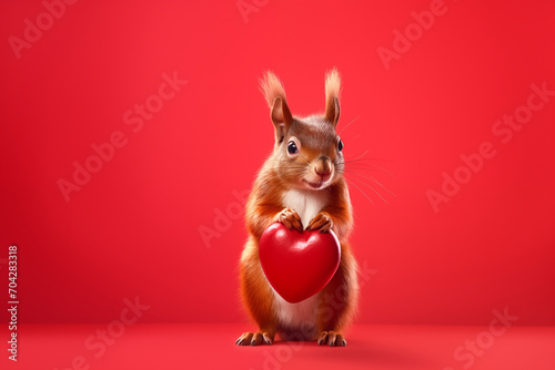 Funny animal Valentines Day, love, wedding celebration concept greeting card - squirrel holding a red heart , red background