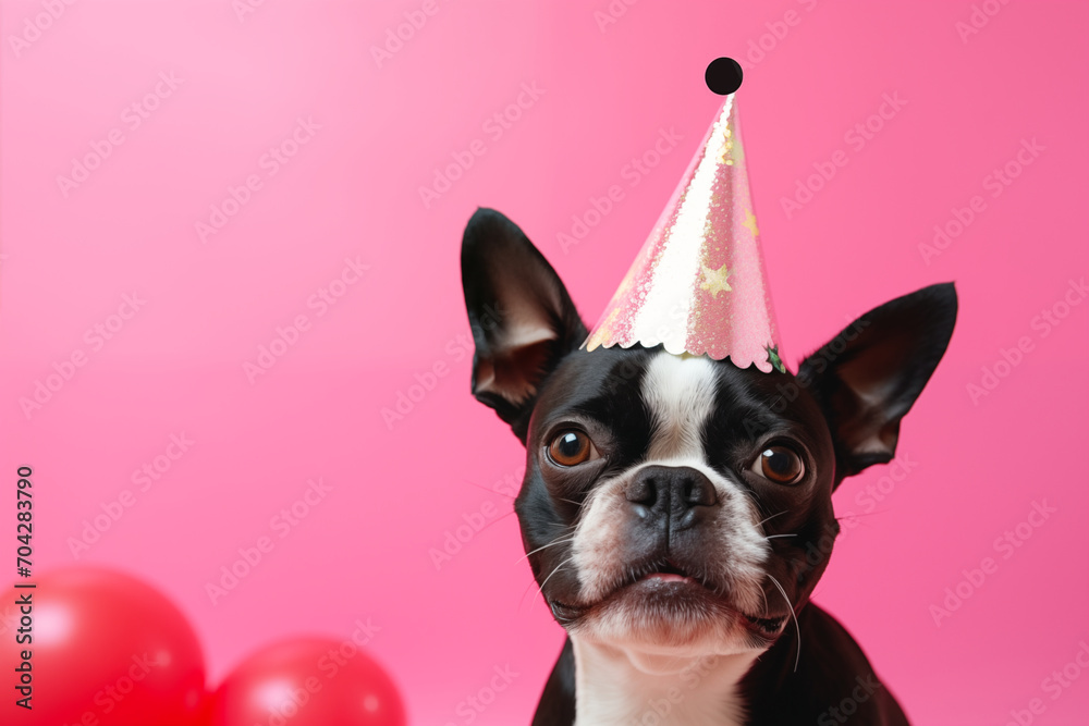 Celebration, happy birthday,  New Year's eve party, funny animal greeting card - Cute dog pet with pink party hat on pink wall background texture