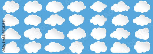  Set of clouds. Cloud icon.Abstract white clouds set isolated on blue background.Cloud symbol or logo, different clouds set.Simple cute cartoon design. Realistic elements.Flat style vector illustratio