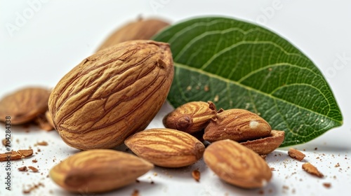 Close-up of almonds with leaves, isolated on white background