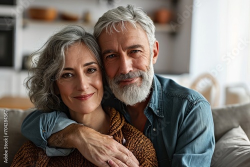 Happy mature mid age couple hugging, enjoying bonding sitting on couch in apartment. Smiling affectionate older 50s husband embracing senior wife looking at camera relaxing at home, Generative AI  photo