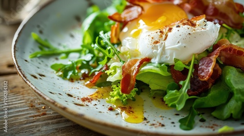 a plate of Frisée aux Lardons with poached egg and Dijon vinaigrette, the classic French salad of frisée lettuce and thin crispy bacon.