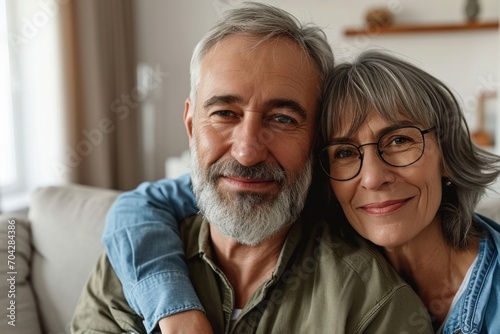 Happy mature mid age couple hugging, enjoying bonding sitting on couch in apartment. Smiling affectionate older 50s husband embracing senior wife looking at camera relaxing at home, Generative AI  photo