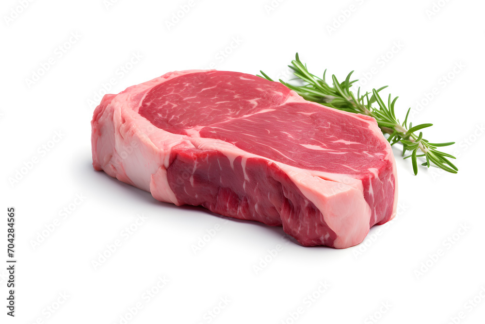 Fresh Raw beef steak with rosemary on white background Fresh Raw beef steak with rosemary on white background