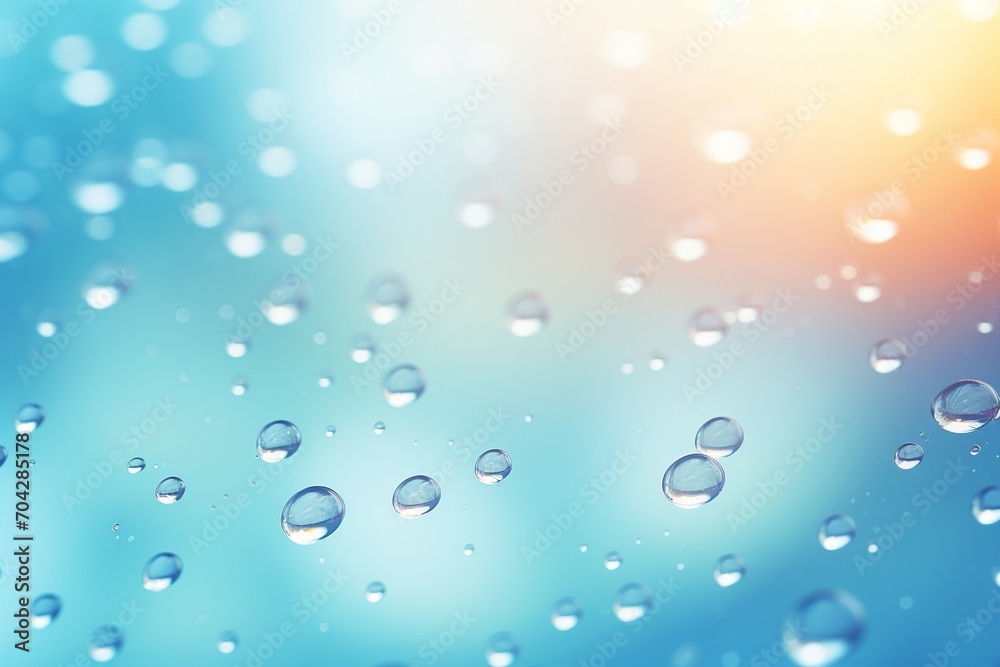 Abstract raindrops capturing the radiance of sunlight from the top, forming a beautiful water background that offers plenty of space for products or text. Created with generative AI tools