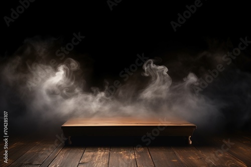 An empty wooden table stands against a dark backdrop, with swirling smoke adding intrigue to your product presentation. Created with generative AI tools