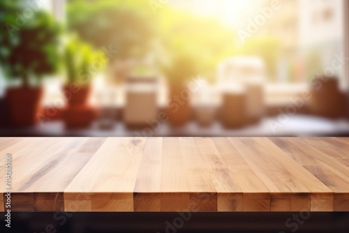 The backdrop of a kitchen fades into a blur  emphasizing the wooden tabletop s suitability for product displays and design layouts. Created with generative AI tools