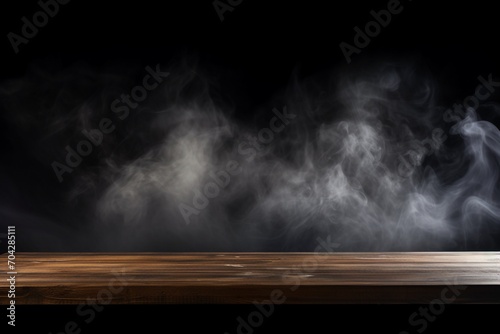 An empty wooden table stands against a dark backdrop  with swirling smoke adding intrigue to your product presentation. Created with generative AI tools