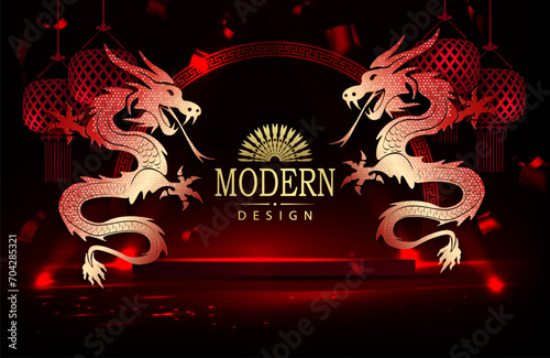 Chinese New Year, textured dark red illustration with golden shade dragons and podium.