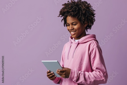 Young happy cool curly African American teenager student boy wearing pink hoodie holding pad using digital tablet computer technology browsing, elearning standing isolated, Generative AI 