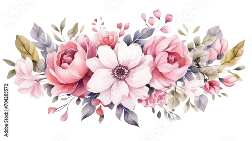 A watercolor illustration of a floral arrangement with peach roses, green leaves, and small pink flowers