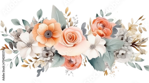 Fototapeta Naklejka Na Ścianę i Meble -  A watercolor illustration of a floral arrangement with peach roses, green leaves, and small pink flowers